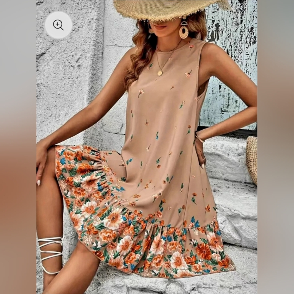 Passion of Essence Tan Orange Floral Ruffled Sleeveless Dress NWT Large